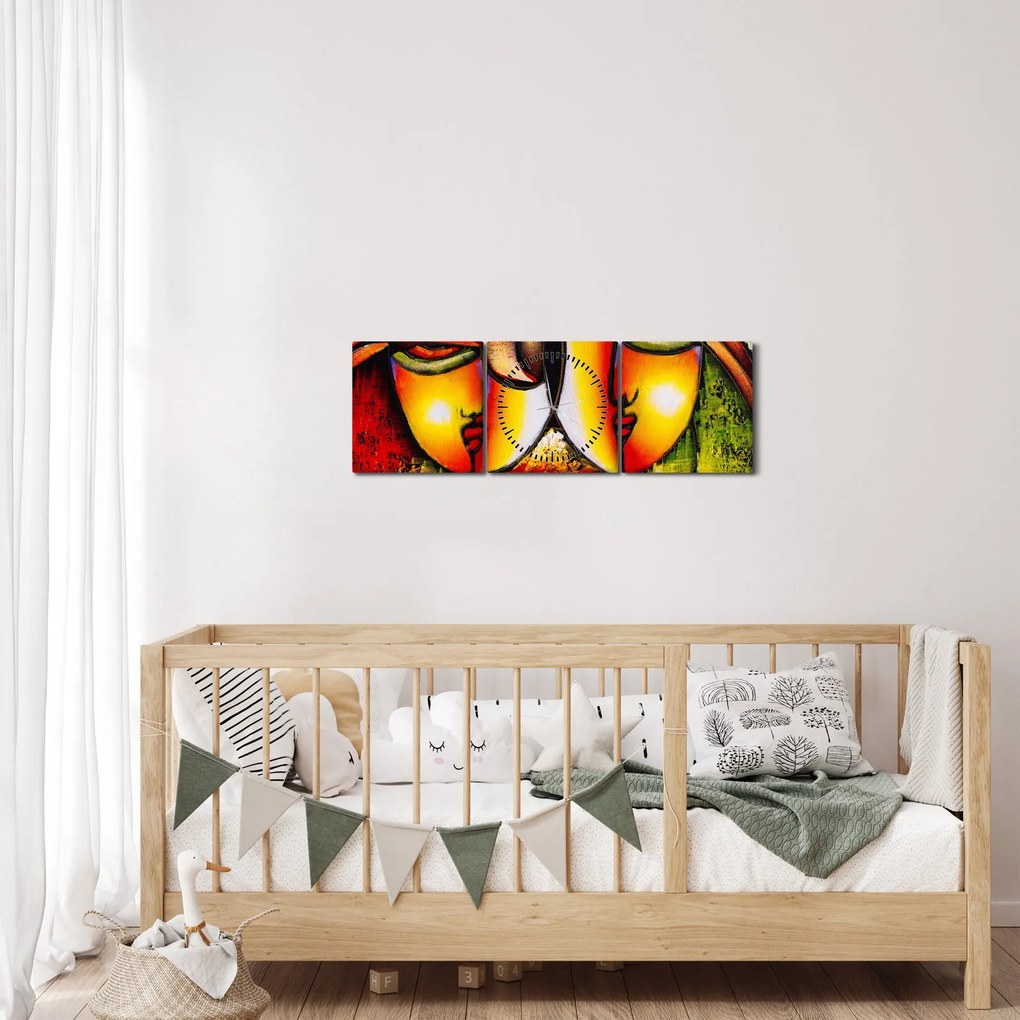 Obraz - Obraz olejny, abstrakcyjne twarze (z zegarem) (90x30 cm)