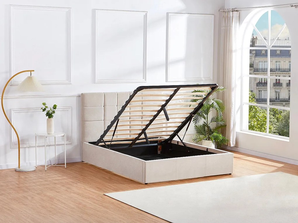 Łóżko ze skrzynią 160 x 200 cm - Tkanina - Beżowy + Materac - HOPEYA od Pascal Morabito