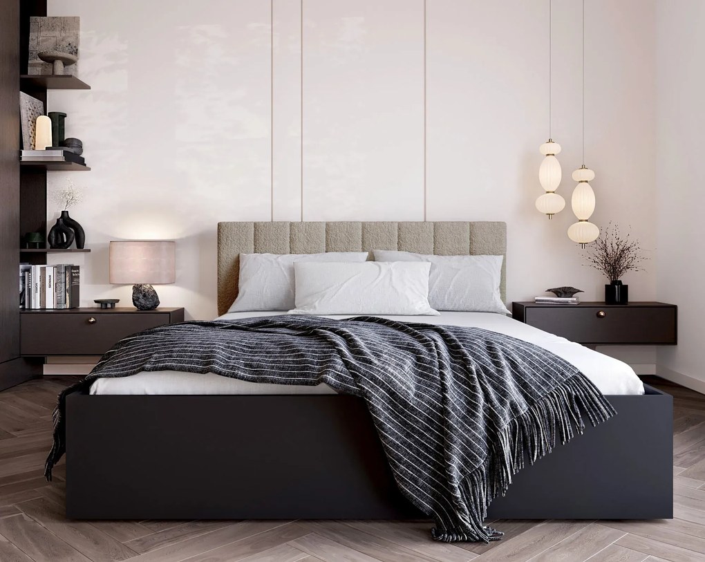 Czarne łóżko podwójne z zagłówkiem boucle 160x200 W2-B04