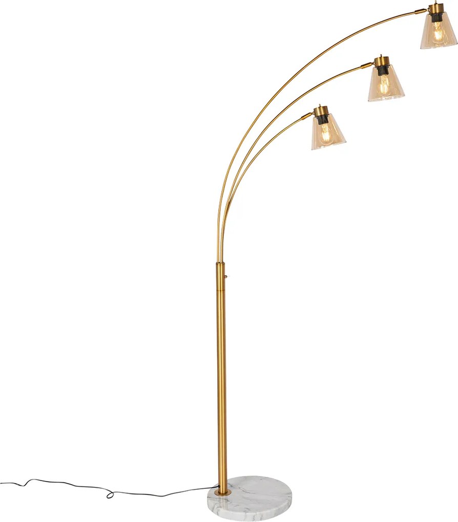 Lampa łukowa brązowa z marmurem i bursztynowym szkłem 3-punktowa - Nina