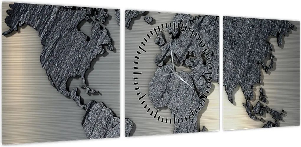 Obraz - Mapa świata w kamiennej teksturze (z zegarem) (90x30 cm)