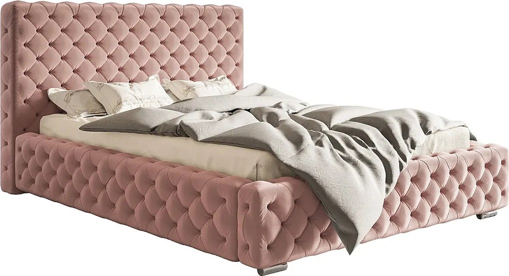 Łóżko pikowane 160x200 cm Adonis - pojemnik i stelaż metalowy, tkanina aksamitna - różowy (Amor Velvet 4308)