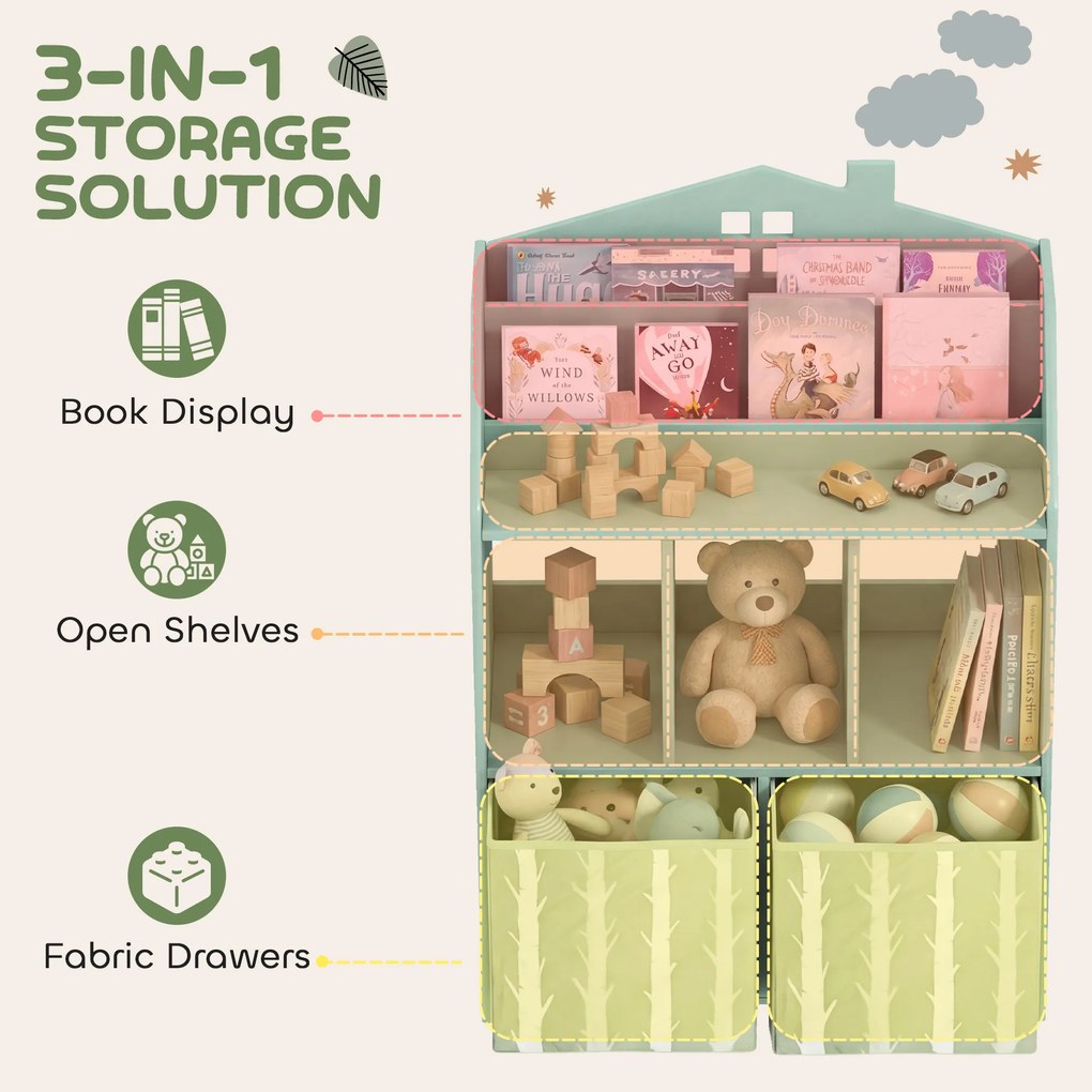 AIYAPLAY Dziecięcy regał na książki z 2 materiałowymi szufladami, dla dzieci w wieku 3-8 lat, 62,5x30x91,5 cm, zielony | Aosom PL