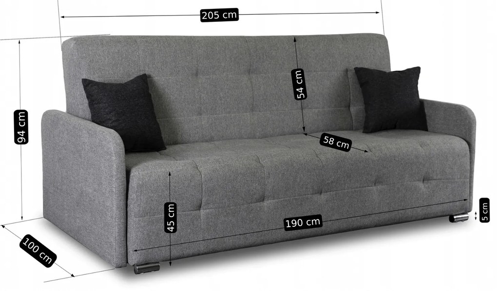 Sofa z Funkcją Spania ARIA Wersalka Rozkładana Dwuosobowa Szara Nowoczesna do Salonu