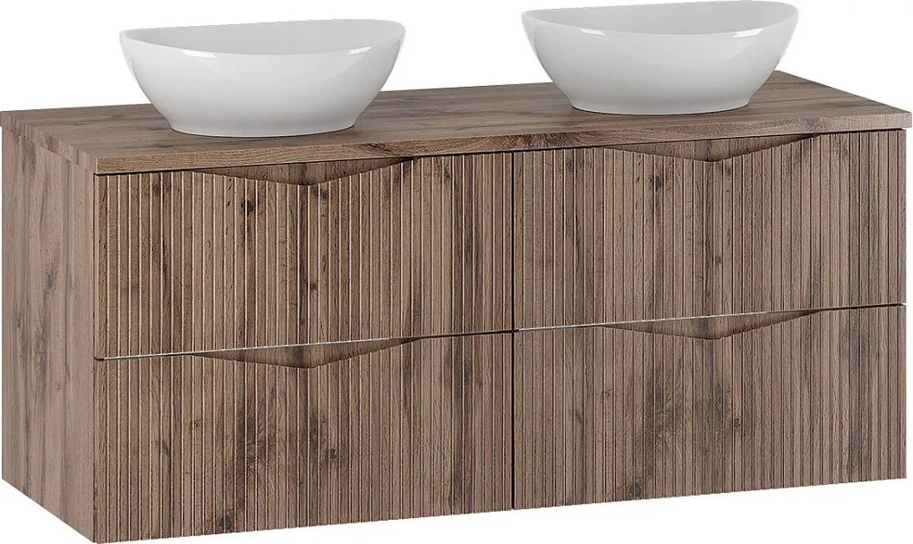 Zestaw do Łazienki 120cm Szafka Blat Umywalka Ryflowane Fronty Dąb Wotan  Cleo