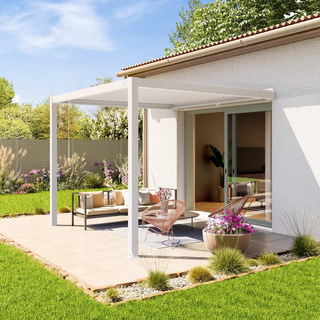 PRIMEYARD 3x3 pergola przyścienna w kolorze biały, z dachem lamelowym w kolorze biały - (400138)