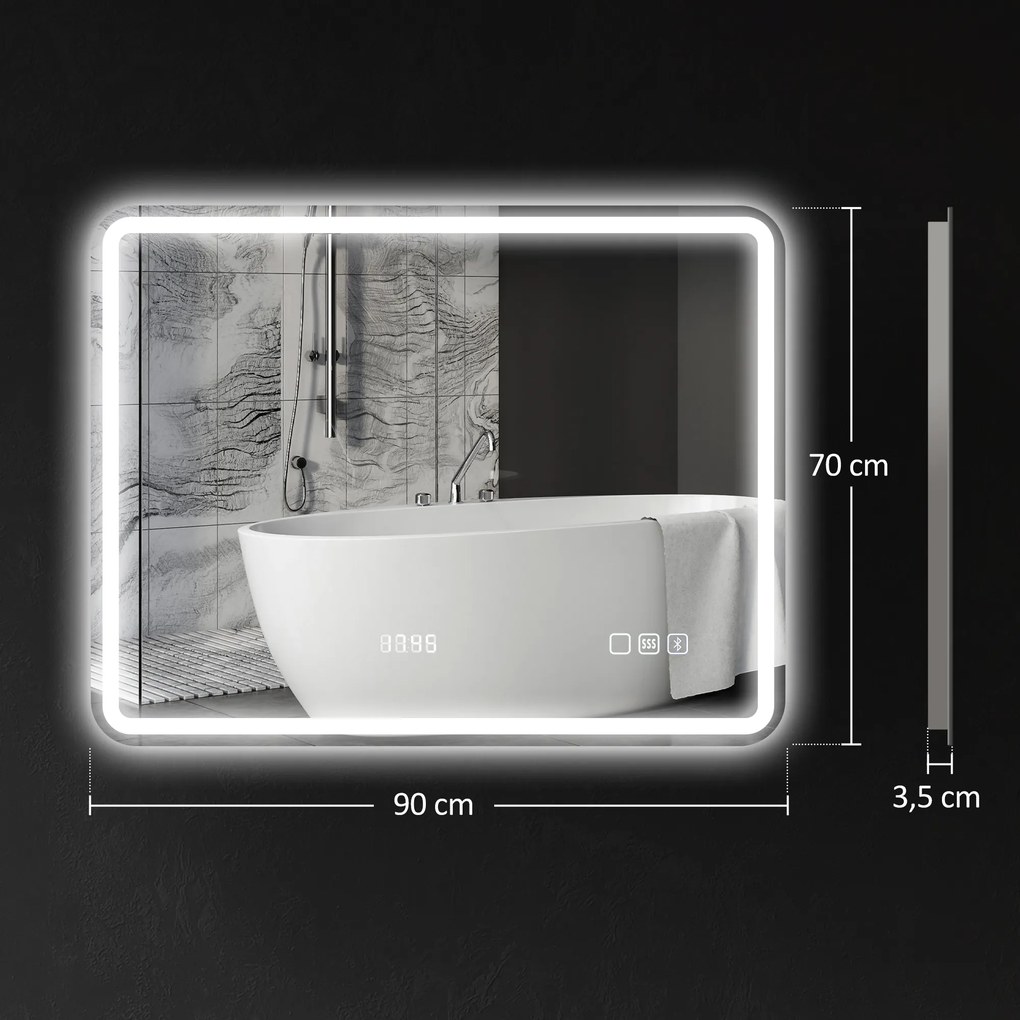 HOMCOM lustro łazienkowe LED z funkcją przeciwmgielną nowoczesne lustro z zegarem i trzema kolorami światła 700x900 mm srebrne | Aosom PL