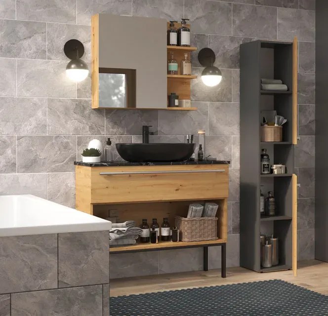 Industrialny słupek łazienkowy dąb artisan antracyt - zestaw 3X
