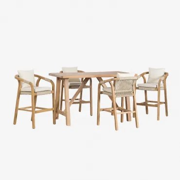 Zestaw Wysokiego Stołu Prostokątnego 160x90 Cm I 4 Wysokich Stołków Z Drewna Akacjowego Dubai Rustykalny Brąz Akacjowy & Tkaniny Gardenia Biel - Sklum