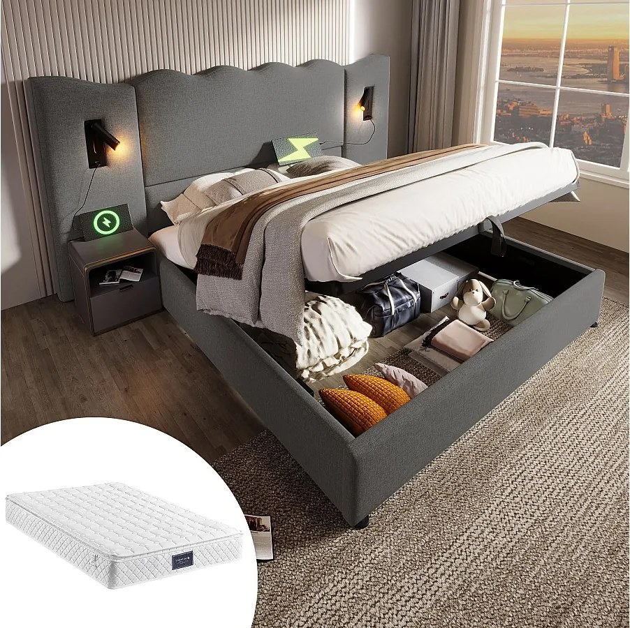 Łóżko tapicerowane dwuosobowe ze schowkiem - 160 x 200 cm - zagłówek + materac - Lampa i USB - Lite drewno i tkanina lniana - Szary