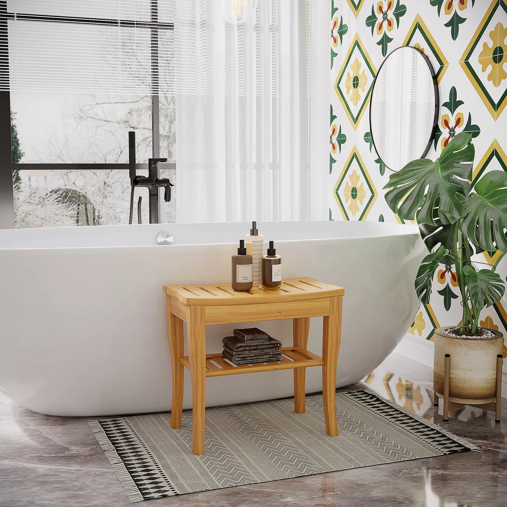 HOMCOM Ławka prysznicowa bambusowa z półką siedzisko krzesło do łazienki naturalne 47,5 x 26 x 44,5 cm | Aosom PL