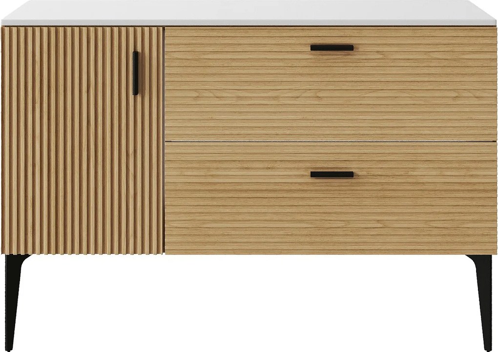Szafka pod umywalkę prążkowana na nóżkach z blatem - 1 drzwi i 2 szuflady - Jasne drewno naturalne - 120 cm - SARONE
