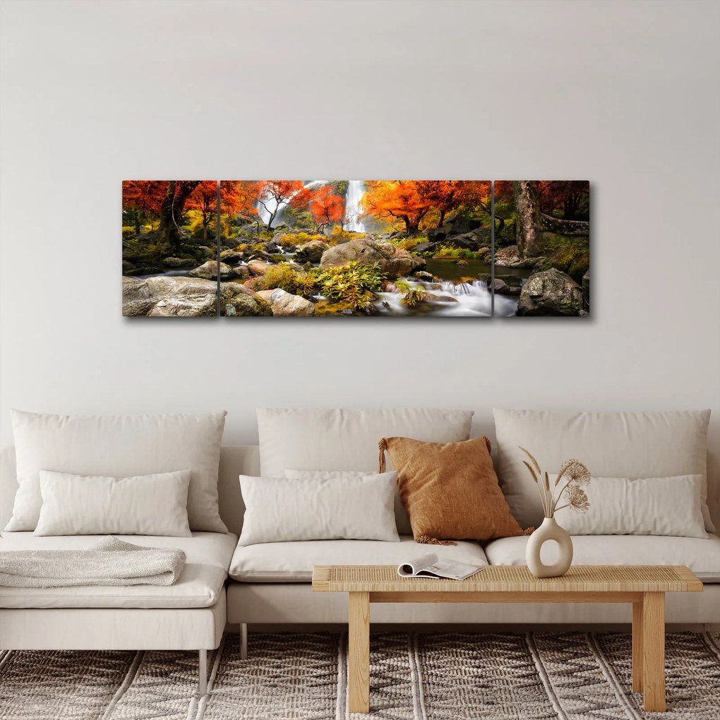 Obraz - Wodospady w pomarańczowym lesie (170x50 cm)