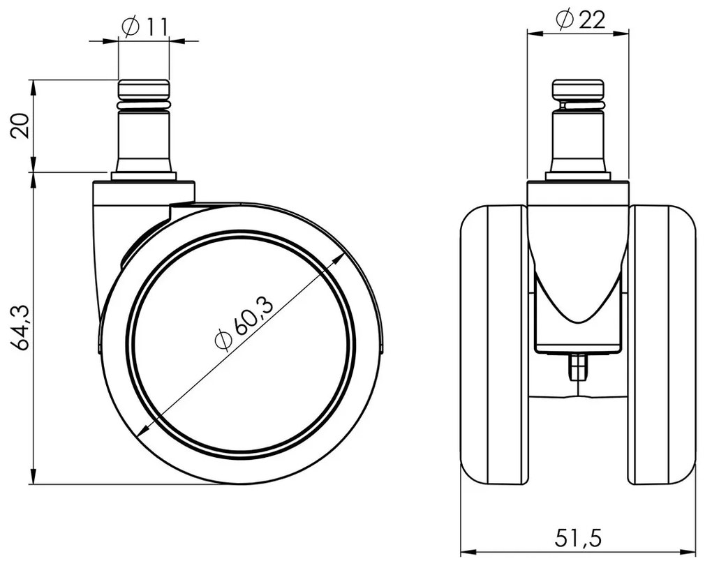 Kółka do krzeseł biurowych 60 mm do miękkich podłóg, kpl. 5 szt