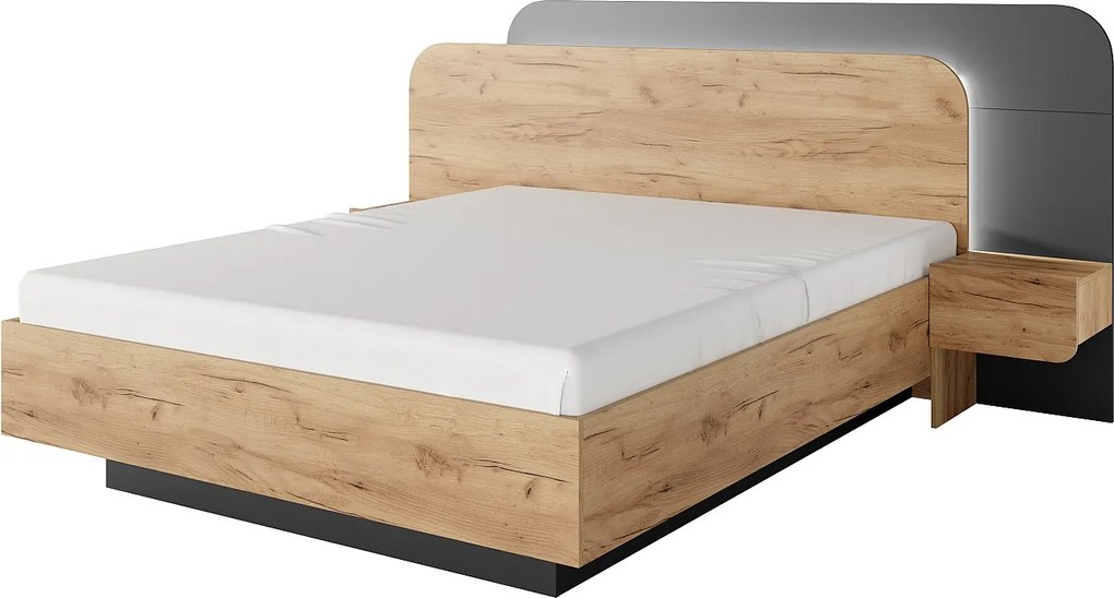 Łóżko ze skrzynią i szafkami nocnymi 160 x 200 cm - Z oświetleniem LED - Naturalny i antracytowy + Materac - DESADO