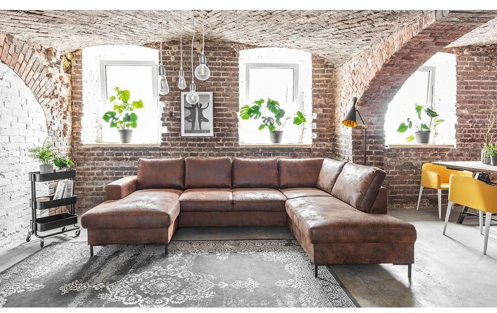 Brązowa rozkładana sofa w kształcie litery "U" z imitacji skóry Miuform Lofty Lilly Vintage, prawostronna