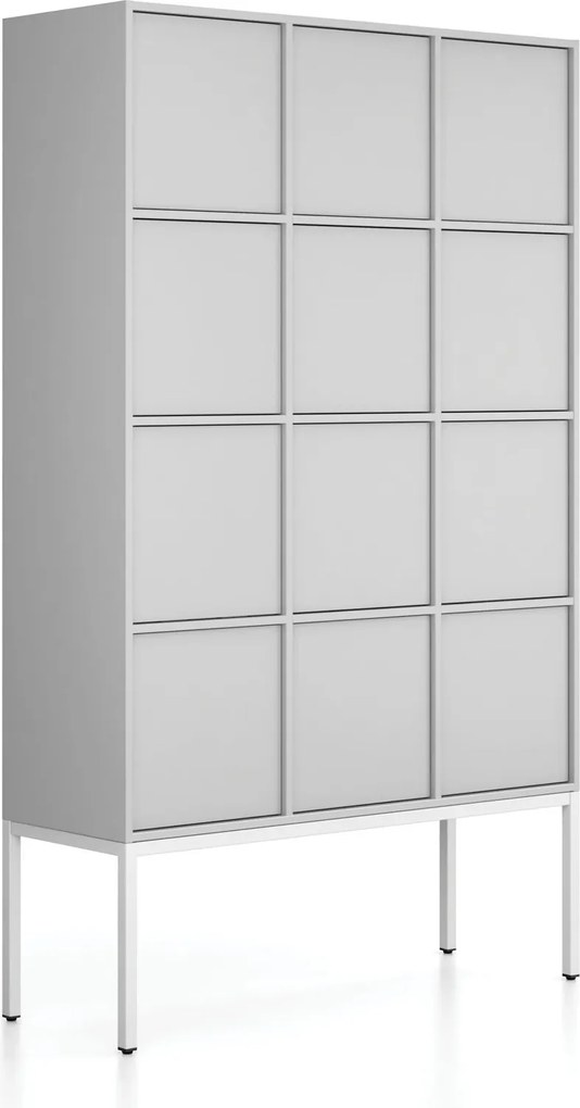 Szafa biurowa FRAME, podstawa biała, 12x drzwi, 1299 x 450 x 2185 mm, PUSH-lock, szary