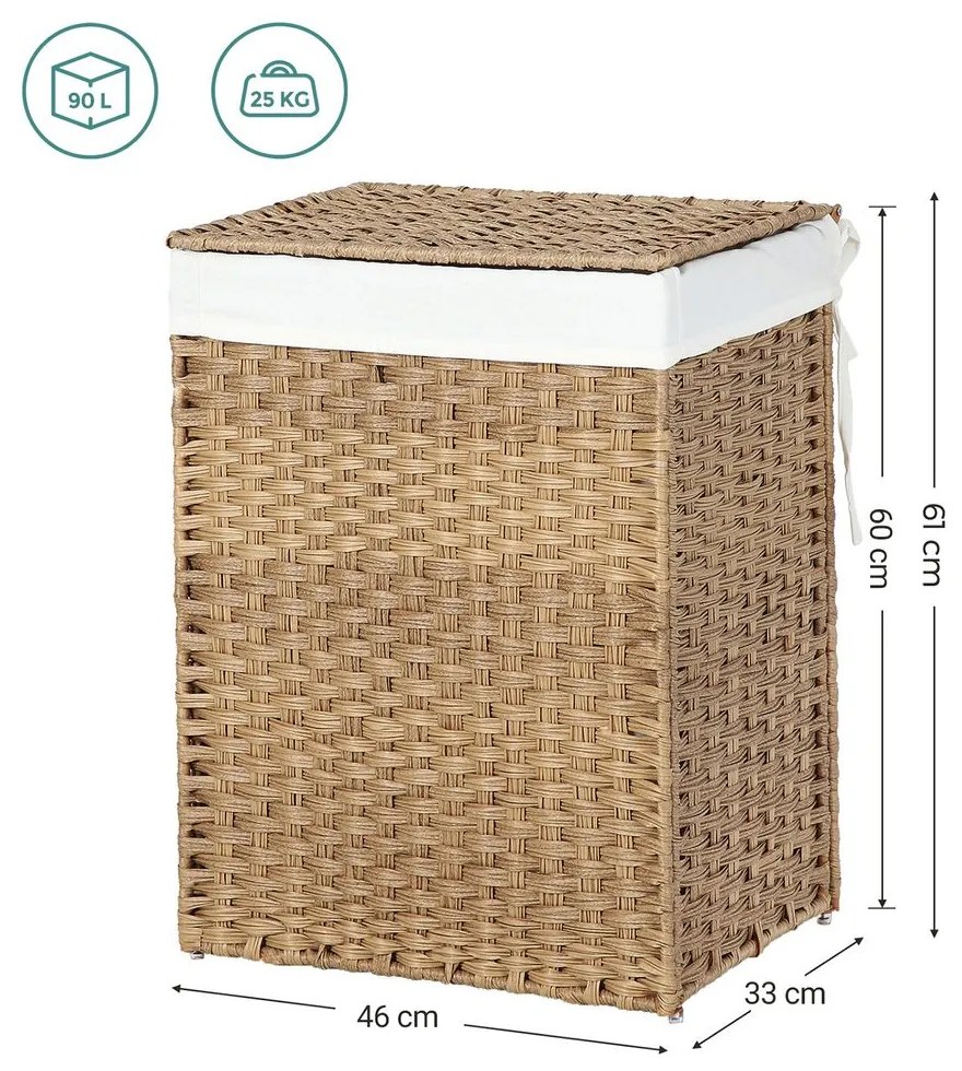 SongmicsHome Kosz na bieliznę z syntetycznego rattanu AVA, 90l, naturalny brąz