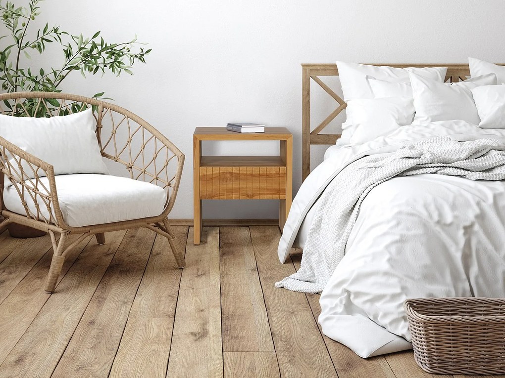 Zestaw 2 szafek nocnych z 1 szufladą i 1 niszą  - Drewno tekowe - Kolor: Naturalny - REVUKA