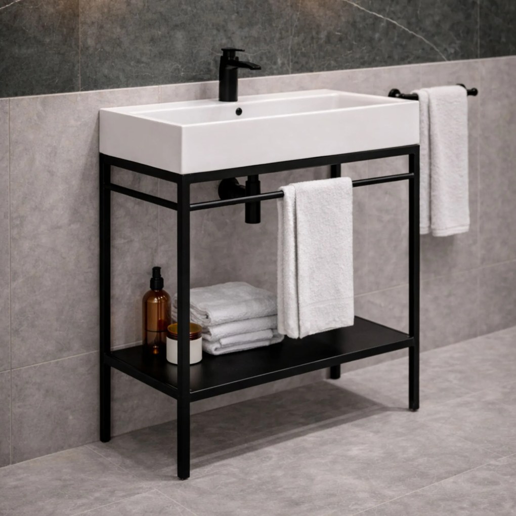 Zestaw umywalka z konglomeratu NAVI 50 x 45 cm + stojąca konsola NAVI Step | Różne kolory | Różne rozmiary : Kolor - Czarny, Otwory na baterię - Jeden otwór, Rozmiar - 100 x 45 cm