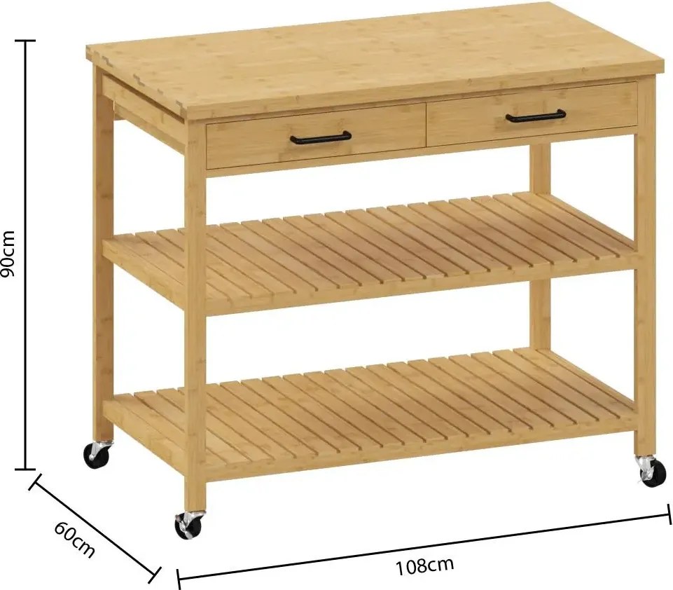 Wyspa kuchenna na kółkach, bambus, 108 x 60 x 90 cm