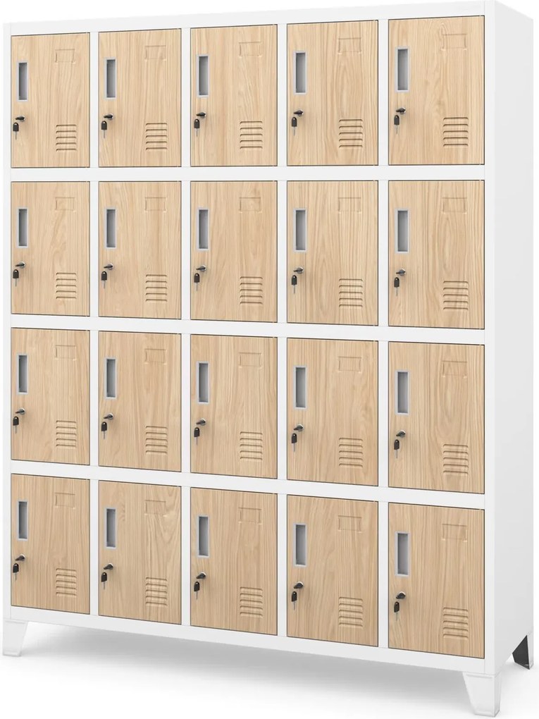 Szafa BHP 20-skrytkowa 136x45x172 cm Eco Design Robert, biały/dąb sonoma