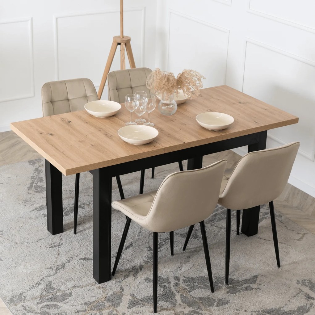 Zestaw Stół Rozkładany SKUBI 120-160 cm Dąb Craft/Czarny i 4 Krzesła Tapicerowane CHRIS Beżowe Nowoczesne