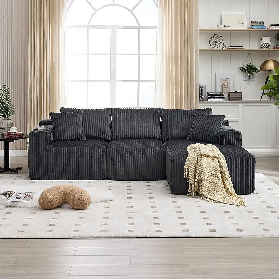 Sofa 3-osobowa, tapicerowana z kieszeniami bocznymi i uchwytami na kubki – ciemnoszary sztruks