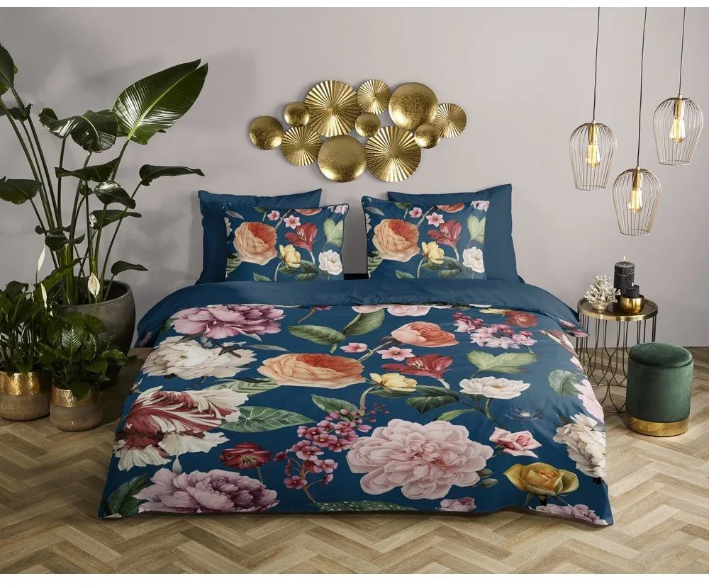 Ciemnoniebieska pościel jednoosobowa z satyny bawełnianej 140x220 cm Fiori – Descanso