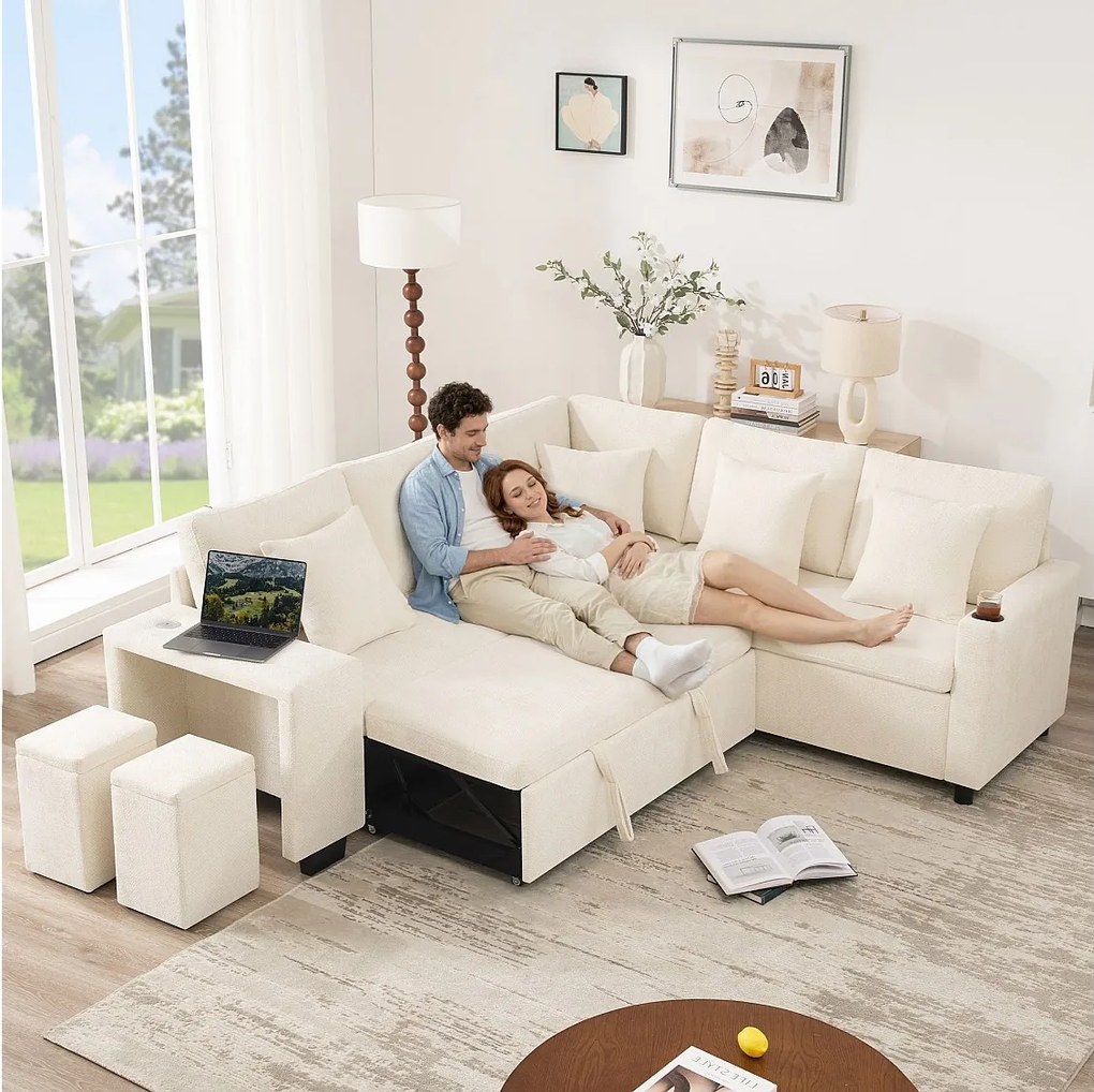 Narożnik rozkładany w kształcie litery L - 220 x 205 x 86,5 cm - ze schowkiem + port USB + poduszki + 2 hokery ze schowkiem - aksamit - beżowy