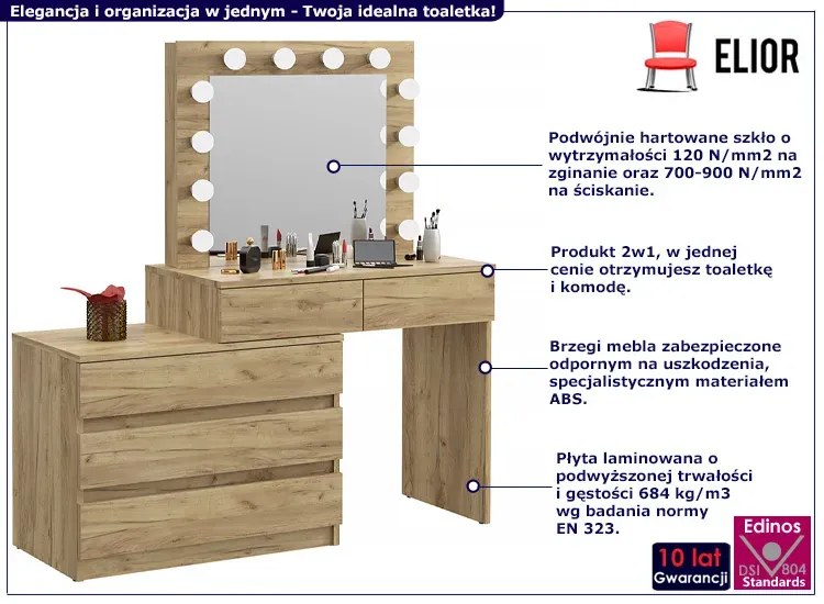 Narożna duża toaletka z lustrem i oświetleniem led dąb craft T9-A45