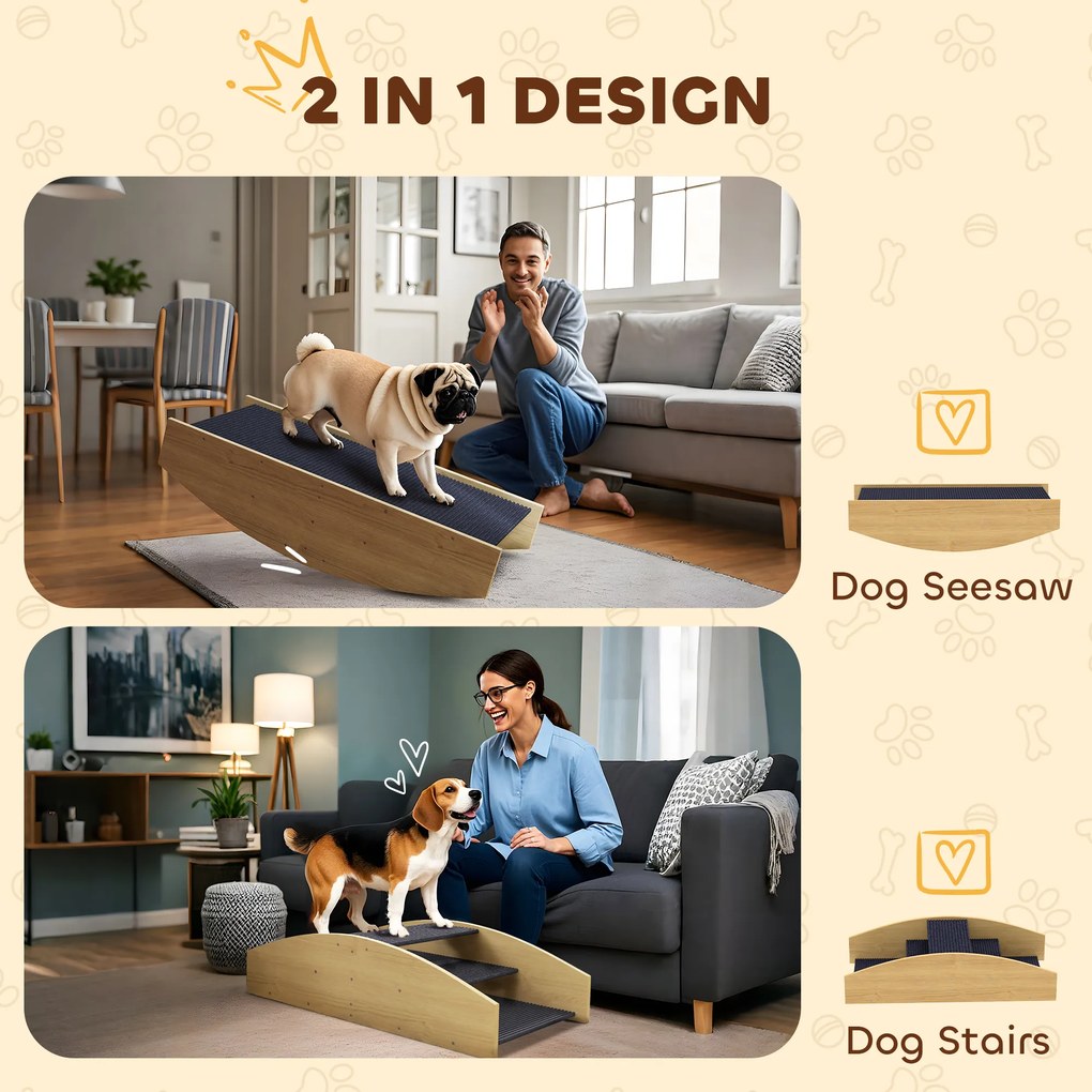 PawHut Huśtawka Agility dla Psów, 2 w 1 Huśtawka i Schody, Antypoślizgowa, Drewno Jodłowe, 80 x 39,5 cm
