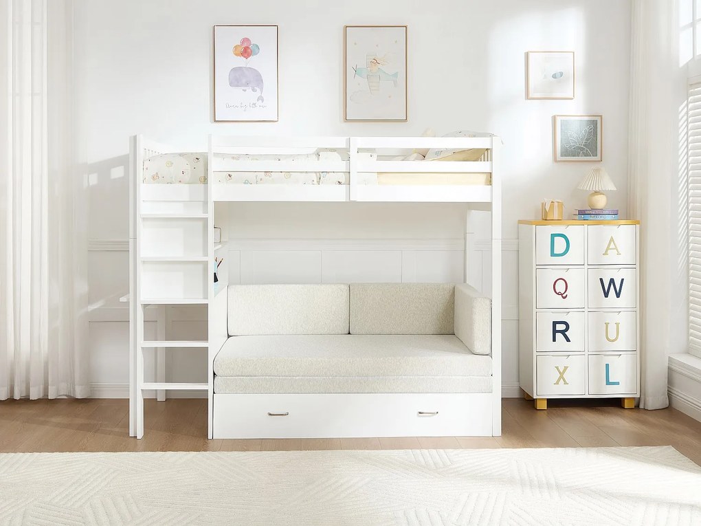 Łóżko antresola 90 x 190 cm z rozkładaną kanapą - Drewno sosnowe i MDF - Biały + Materac - ORPELIA