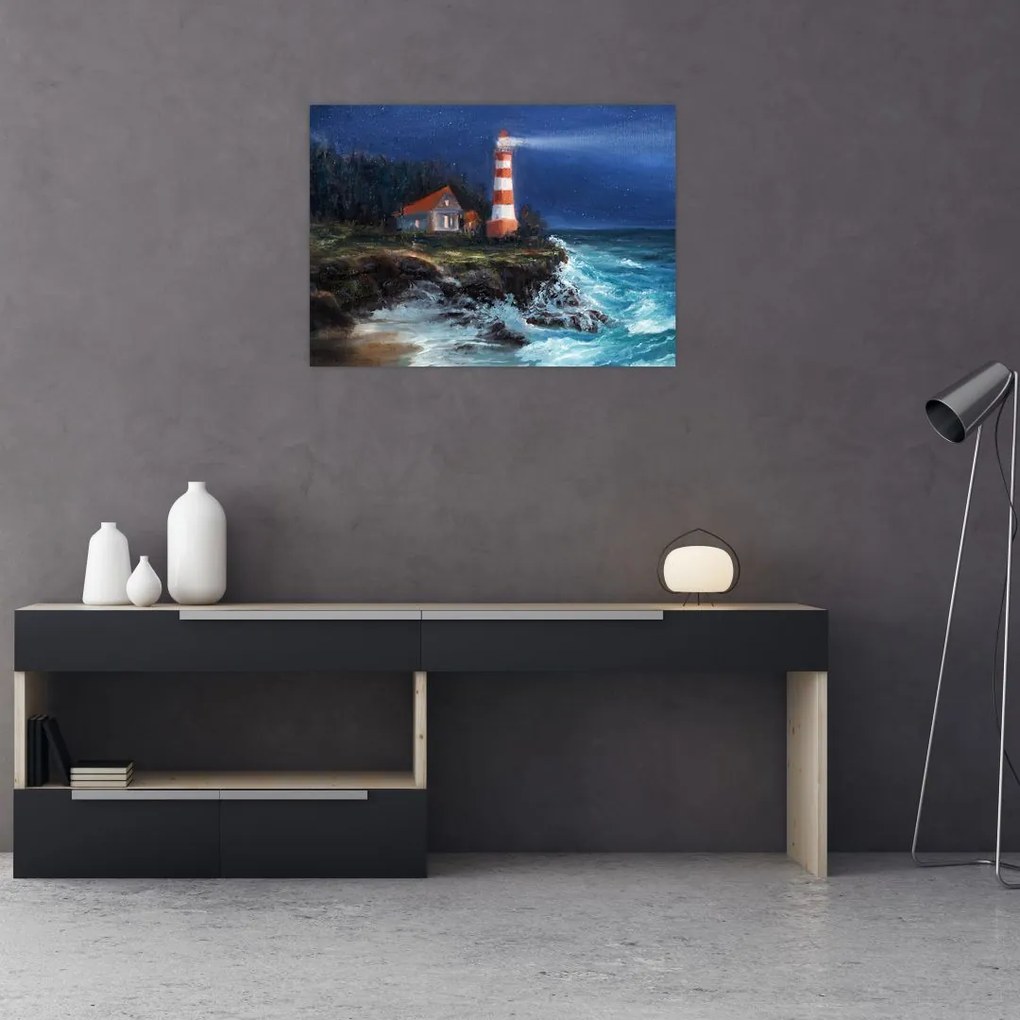 Obraz na szkle - Latarnia morska na brzegu oceanu, akwarela (70x50 cm)