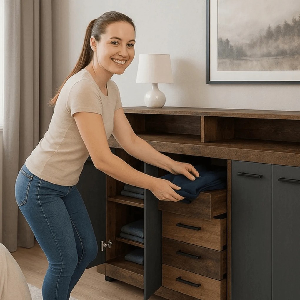 Komoda Czterodrzwiowa BLAGO 190 cm Ciemny Dąb/Czarny Loft