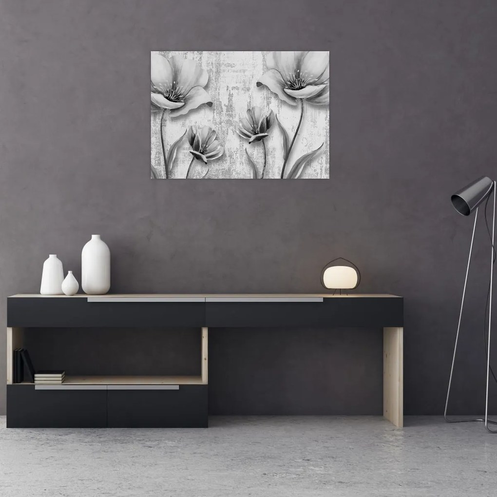Obraz na szkle - Czarno-białe kwiaty na tle (70x50 cm)