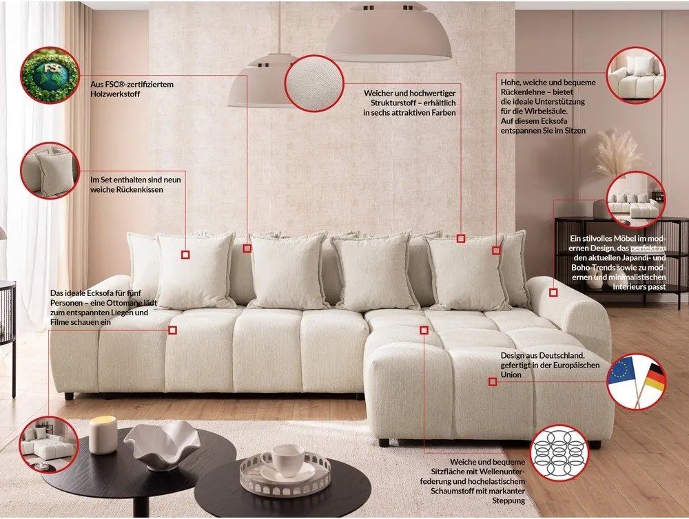 Beżowy narożnik (prawostronny/z szezlongiem) Albane – Ropez