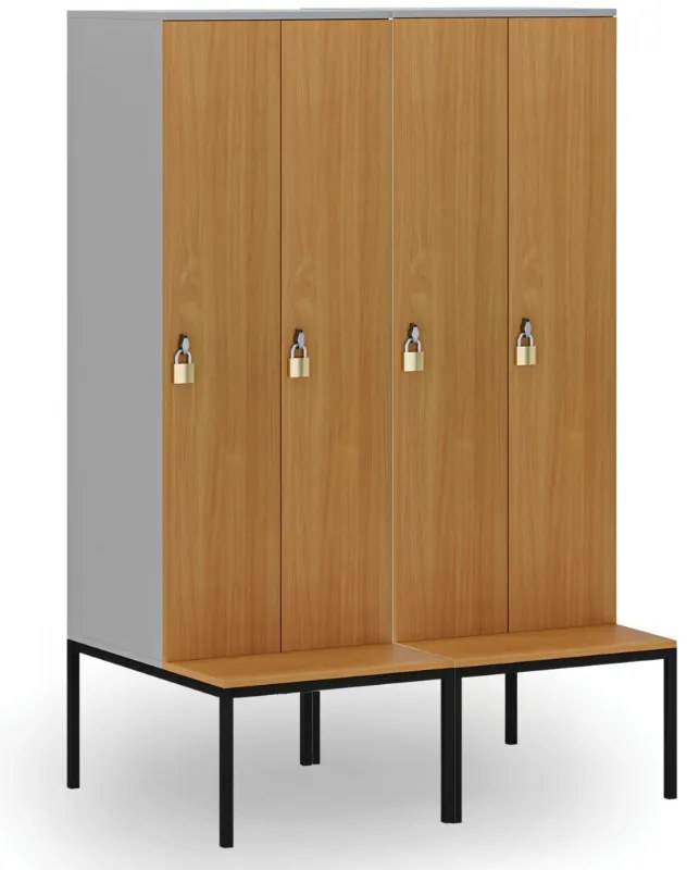 Drewniana szafa ubraniowa S4 z ławką, 2-drzwiowa, 1871 x 600 x 500/800 mm, demontaż, zamek obrotowy, szary/niebieski