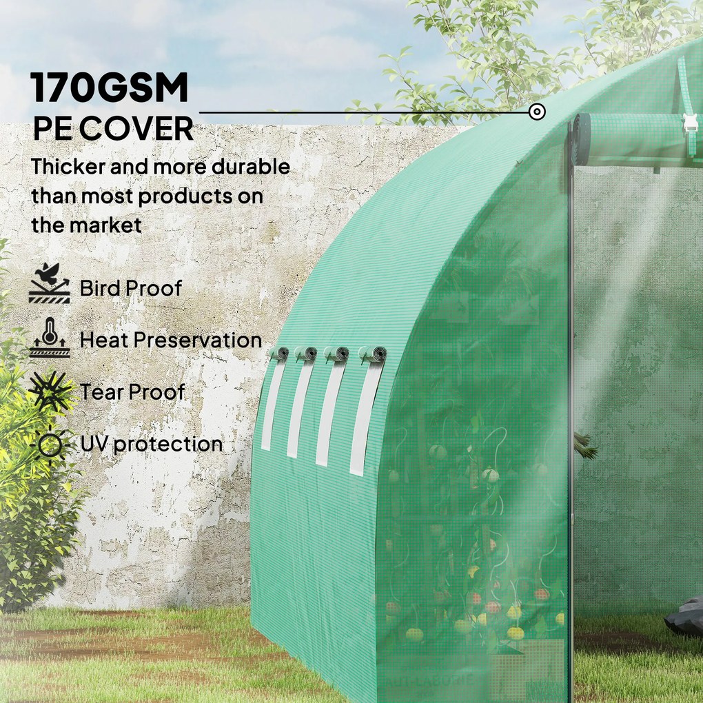 Outsunny Szklarnia Polytunelowa z pokryciem z tworzywa i ramą stalową, beżowa szklarnia z rolowanymi drzwiami, Zielona