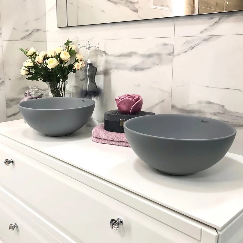 Umywalka ceramiczna nablatowa okrągła szara matowa bez otworu na baterię 32 cm MALO Grey z powłoką easy clean