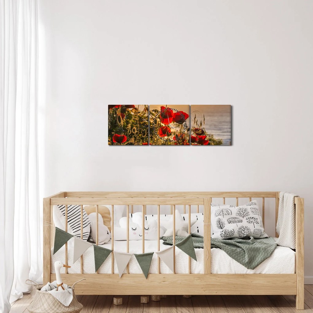 Obraz zachodu słońca z makami (z zegarem) (90x30 cm)