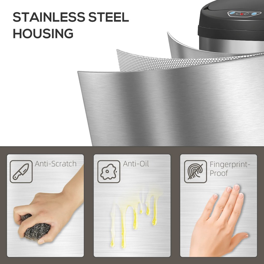 HOMCOM Kosz na śmieci 50 litrów z funkcją Soft-Close, bezdotykowy kosz ze stali nierdzewnej do higienicznych kuchni, biur, srebrny