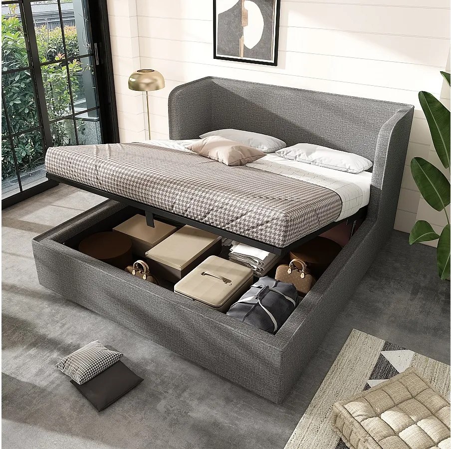 Łóżko z pojemnikiem 160x200 cm - z zagłówkiem, na stelażu - len - szary - bez materaca