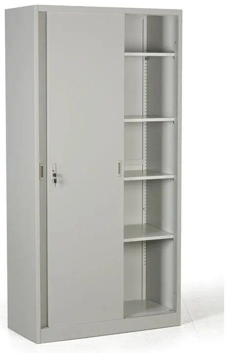 Metalowa szafa z przesuwnymi drzwiami, 4 półki, 1000 x 1990 x 450 mm, jasnoszary