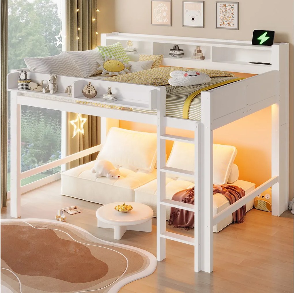 Łóżko piętrowe dla dzieci drewniane - 140 x 200 cm - ze schowkami + diody LED + USB - MDF - białe