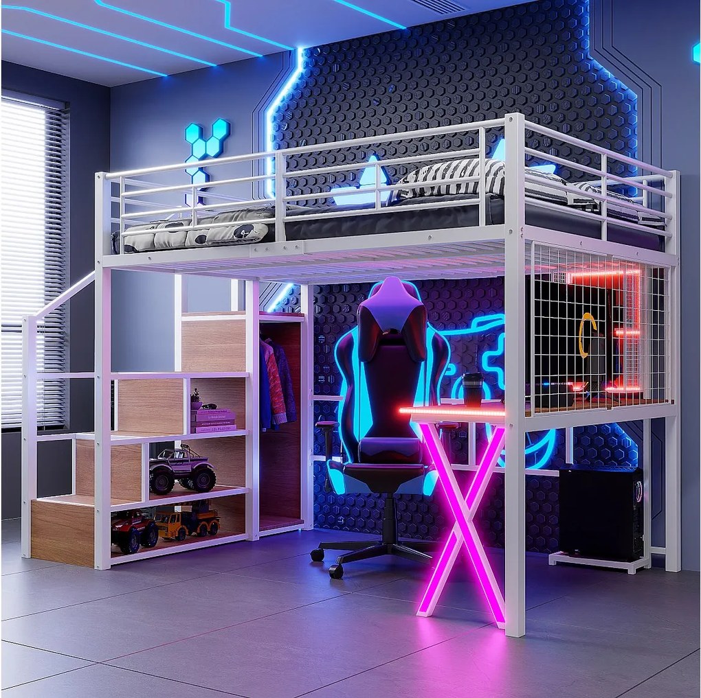 Łóżko antresola 140 x 200 cm z biurkiem, szafą, półkami - Oświetlenie ambientowe - Metal - Białe (bez materaca)