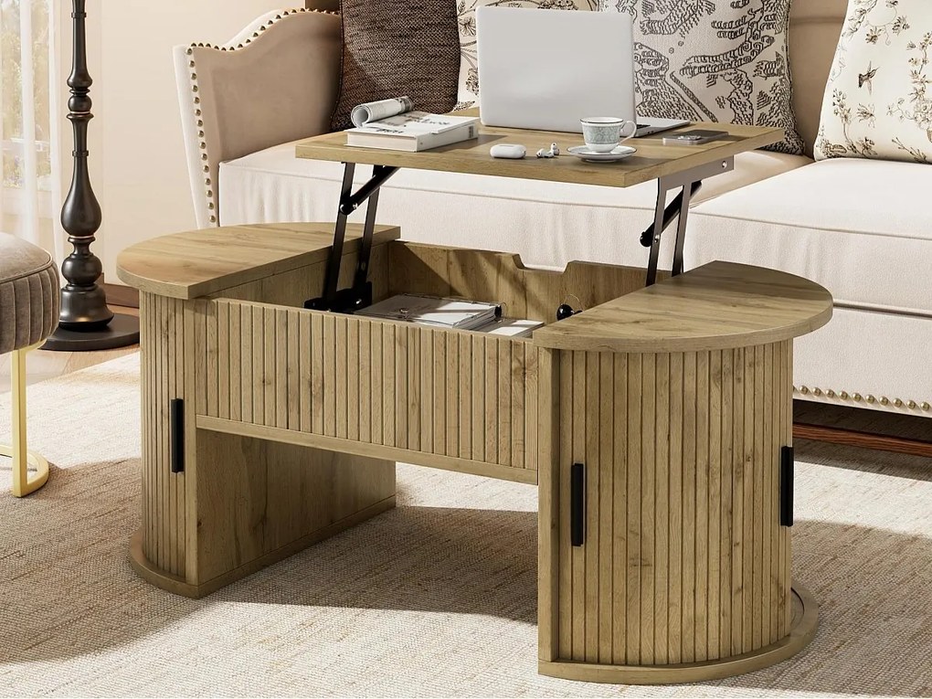 Owalna podnoszona stolik kawowy 100x50x40,5 cm - Otwarte półki i ukryta schowek - 2 drzwi przesuwne - MDF - Naturalny