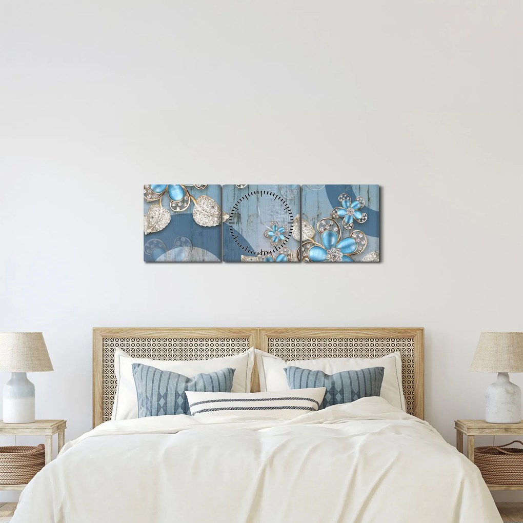 Obraz - Niebieskie kwiaty (z zegarem) (90x30 cm)