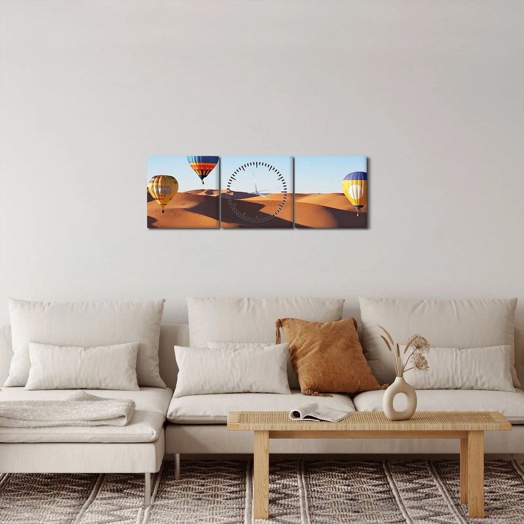 Obraz - latające balony na pustyni (z zegarem) (90x30 cm)