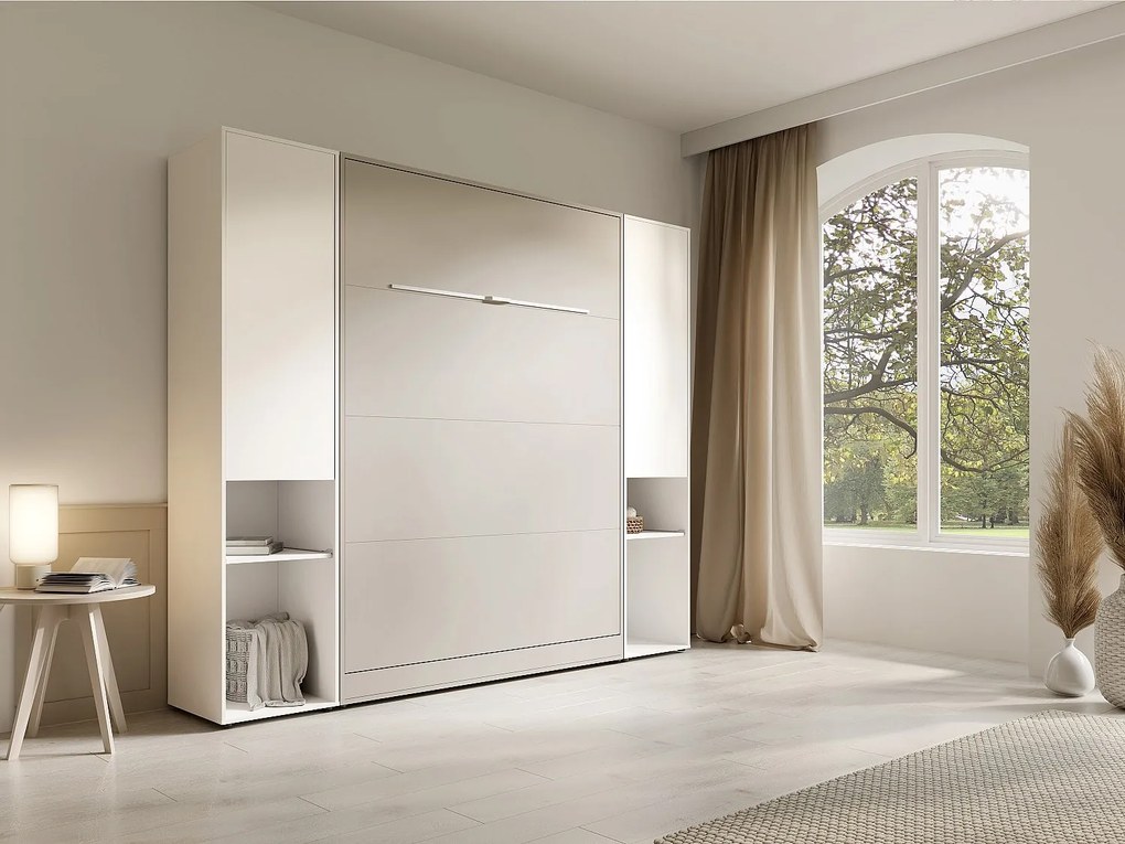 Łóżko chowane w szafie pionowe 140 x 200 cm - 2 kolumny do przechowywania - Z oświetleniem LED - Beżowe - RAPILI